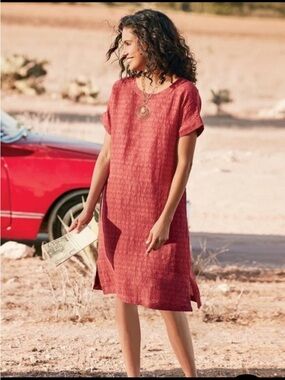 NWT Brick Red Soft Surroundings Remi Gauze Slip Linen Blend Shirt Dress Size L